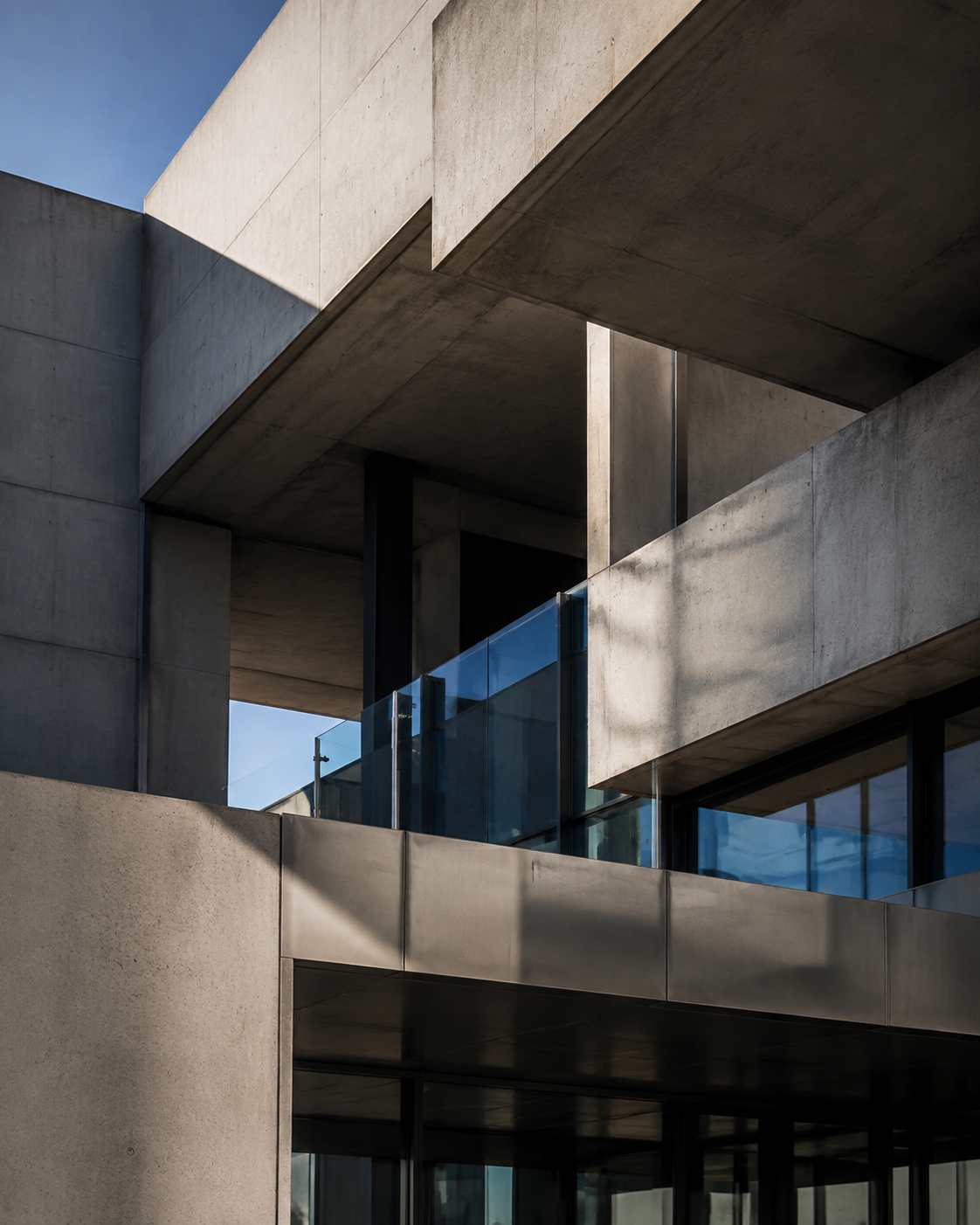 Estrutura arquitetônica contemporânea, com planos de concreto, aço e vidro