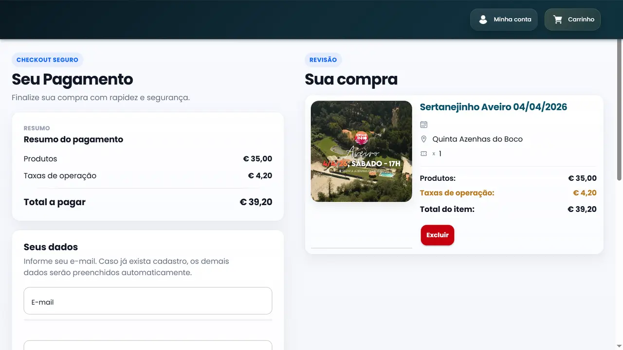 Tela da plataforma white label de venda de ingressos